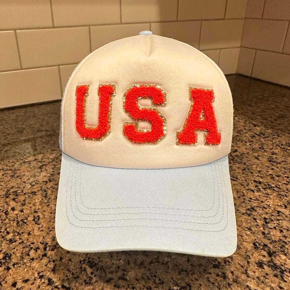 DAVID and YOUNG USA Glitter Sequins Trucker Hat Adjustable Blue Cream Mesh